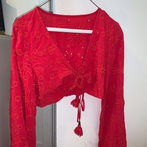 Red Long Sleeve Cropped Blouse